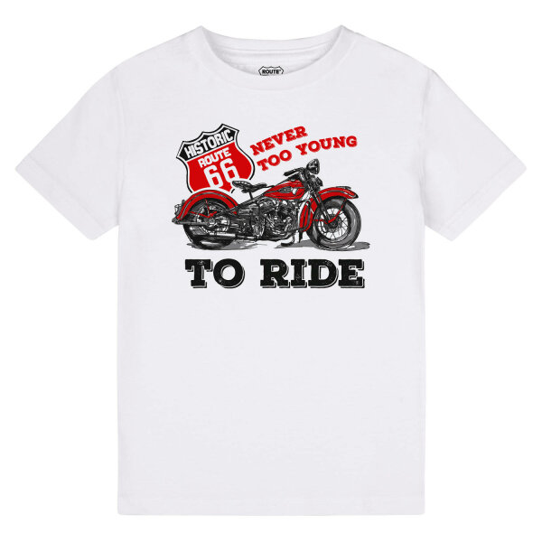 Route 66 (Never too young to ride) - Kinder T-Shirt, weiß, mehrfarbig, 164